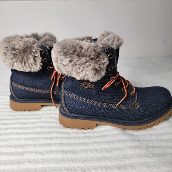 Lugz Faux Fur Lined Denim Look Boots Womens 7 Cozy Winter Lace Up Rugged Warm - Picture 5 of 9